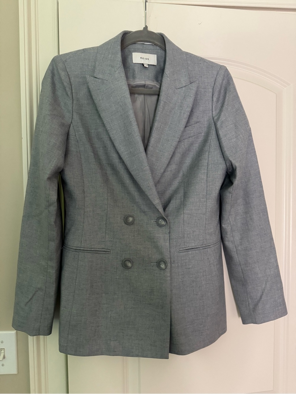 Reiss Light Gray Wool Silk Linen Double-Breasted Blazer US 6